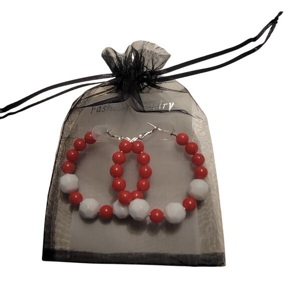 Red White Hoop Earrings 2" Retro Bold Funky Y2K Festival Pierced 80's Acrylic - Picture 3 of 6